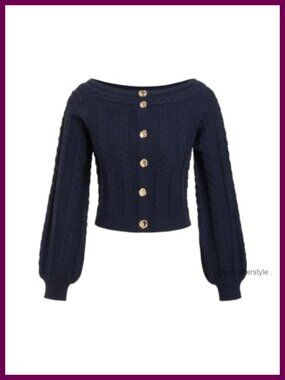 Womens Cropped Cardigan Sweater Boat Neck Long Sleeve Cable Knit